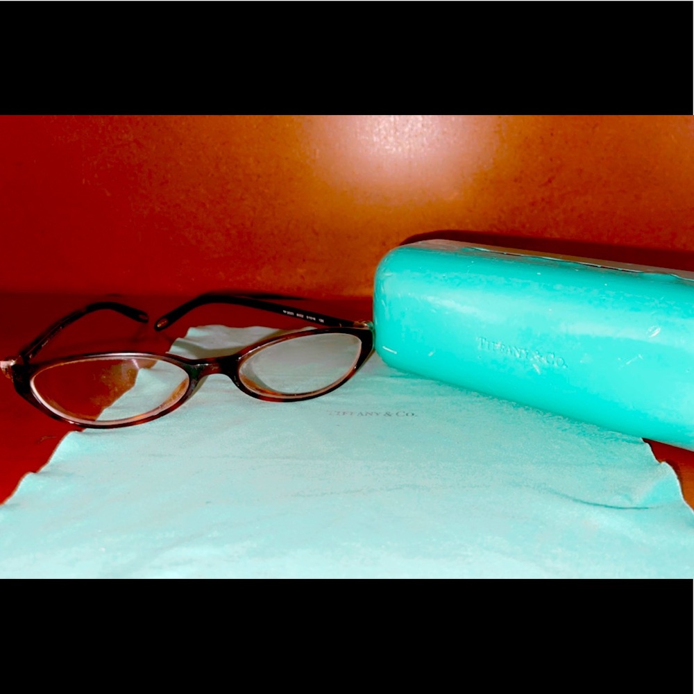 Tortoise Tiffany & Co eyeglasses, case and cloth.